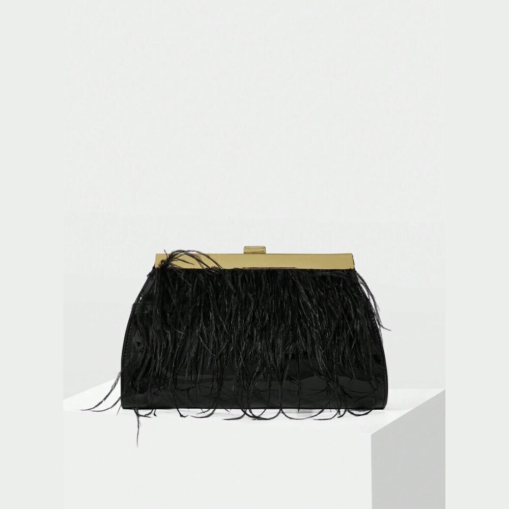 Black Faux Leather Feather Trim Gold Frame Clasp Clutch Bag